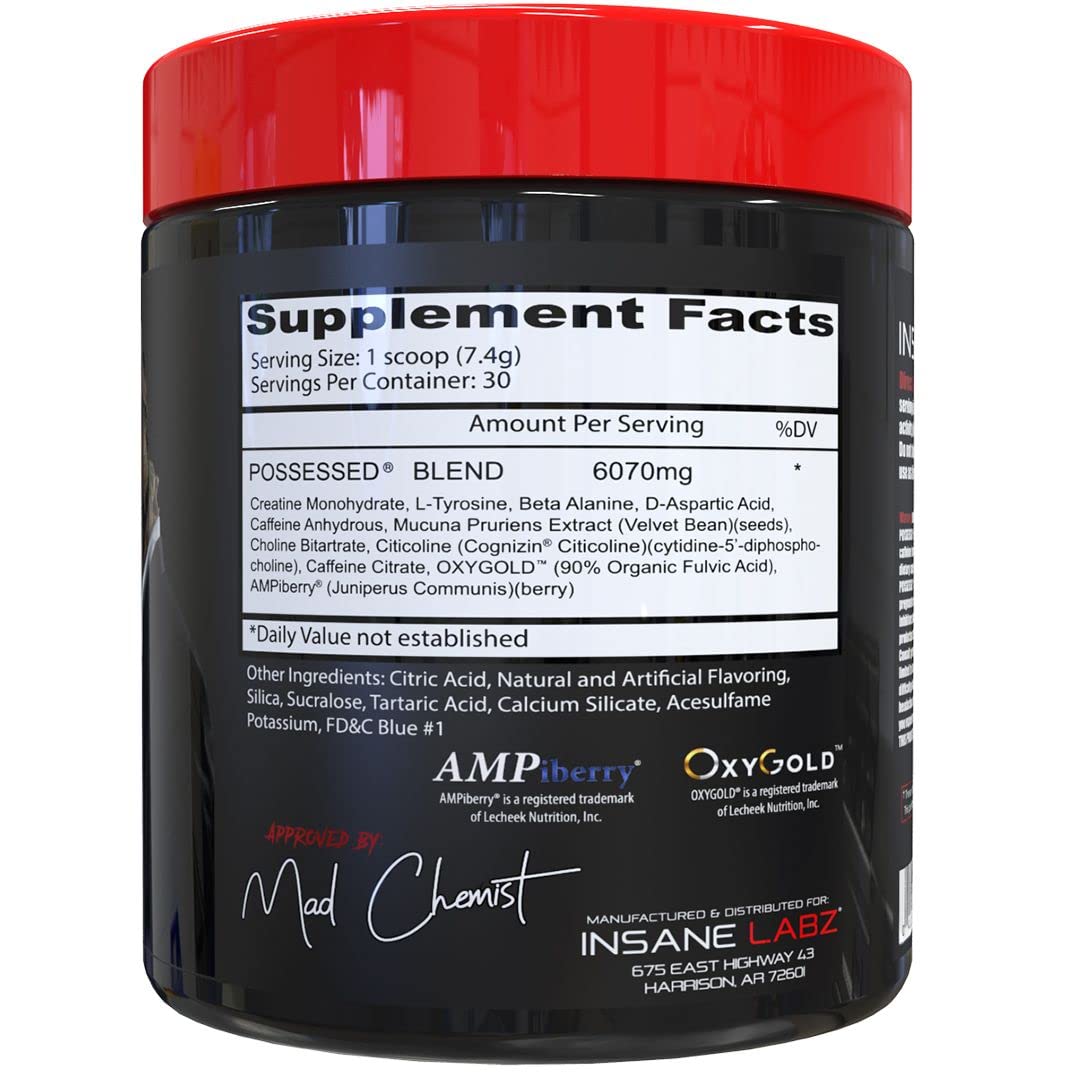 Insane Labz Possessed Low Stimulant Testosterone Boosting Pre Workout Powder, Loaded with D Aspartic Acid and Creatine Fueled by AMPiberry and OXYgold, 30 Srvgs, Gummy Worm