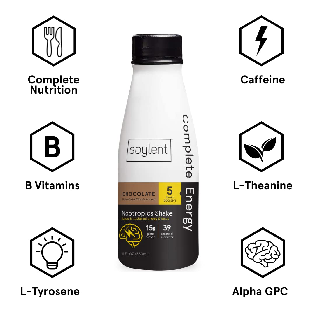 Soylent Complete Energy GlutenFree Vegan Protein Nootropics Shake Chocolate 11 Oz Pack of 12