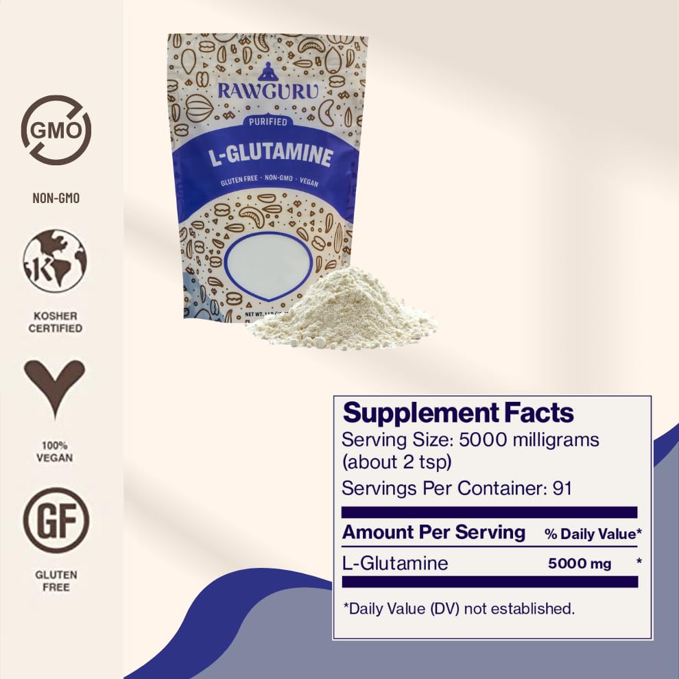 RawGuru L-Glutamine - 16 oz - Purified | Gluten-Free | Non-GMO | Vegan | Minimize Muscle Breakdown & Improve Protein Synthesis