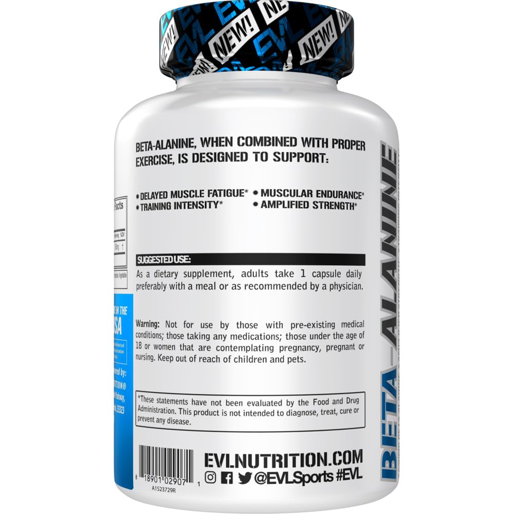 Evlution Nutrition Beta-Alanine Capsules - Enhance Training Intensity - 60 Count Beta-Alanine Supplement for Men & Women - Delay Muscle Fatigue, Boost Endurance, Amplify Strength