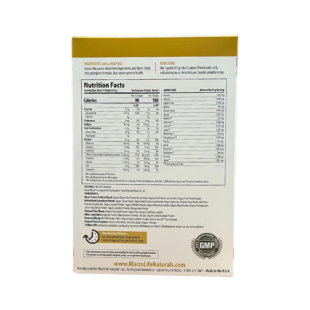 MacroLife Naturals MacroMeal Vegan Chocolate Superfood Supplement Powder Protein + Greens, Probiotics, Digestive Enzymes, Fiber - Energy, Detox, Immune - Non-GMO, Gluten-Free - 10 Packet Servings