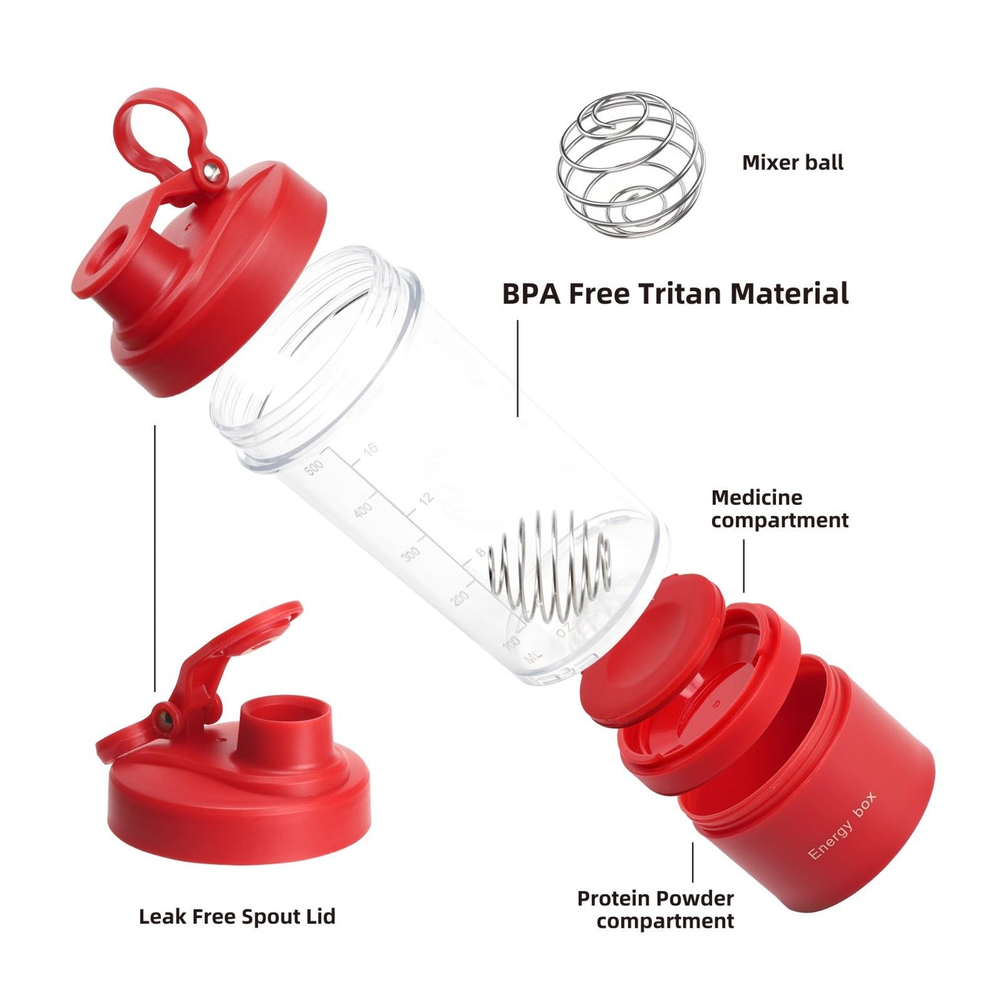 Yidata Shaker Bottle, 21 oz Portable Shaker Cup with Pill Organizer and Storage for Protein Powder Sports Water Bottle for Travel Workout Gym (Red)