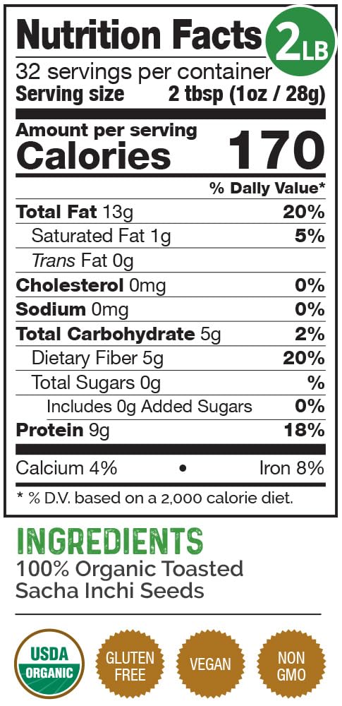 HerbaZest Sacha Inchi Seeds 2 LB  USDA Certified Organic  Vegan NonGMO  GlutenFree  Perfect for Snacks Baked  NonBaked Goods
