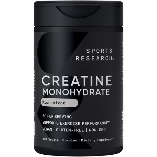 Sports Research® Creatine Monohydrate Capsules, 5g per Serving - Premier Workout Supplement for Men & Women - Informed Sport Certified · NSF Gluten Free · Non-GMO Verified - 30 Servings