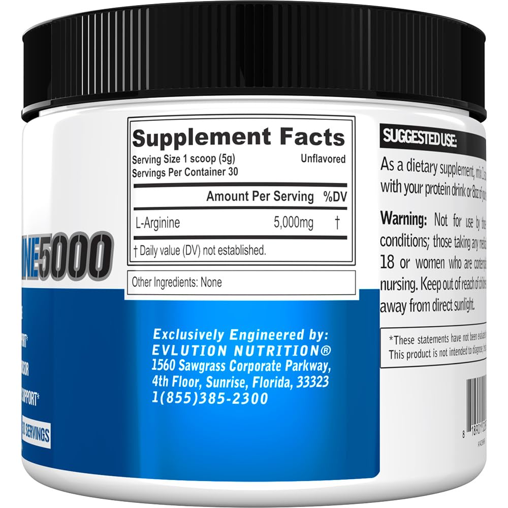 Evlution Nutrition Nitric Oxide Booster L-Arginine Supplement - High Potency Nitric Oxide Supplement with 5000mg of L Arginine for Enhanced Pumps Energy Muscle Growth and Vascularity NO Booster