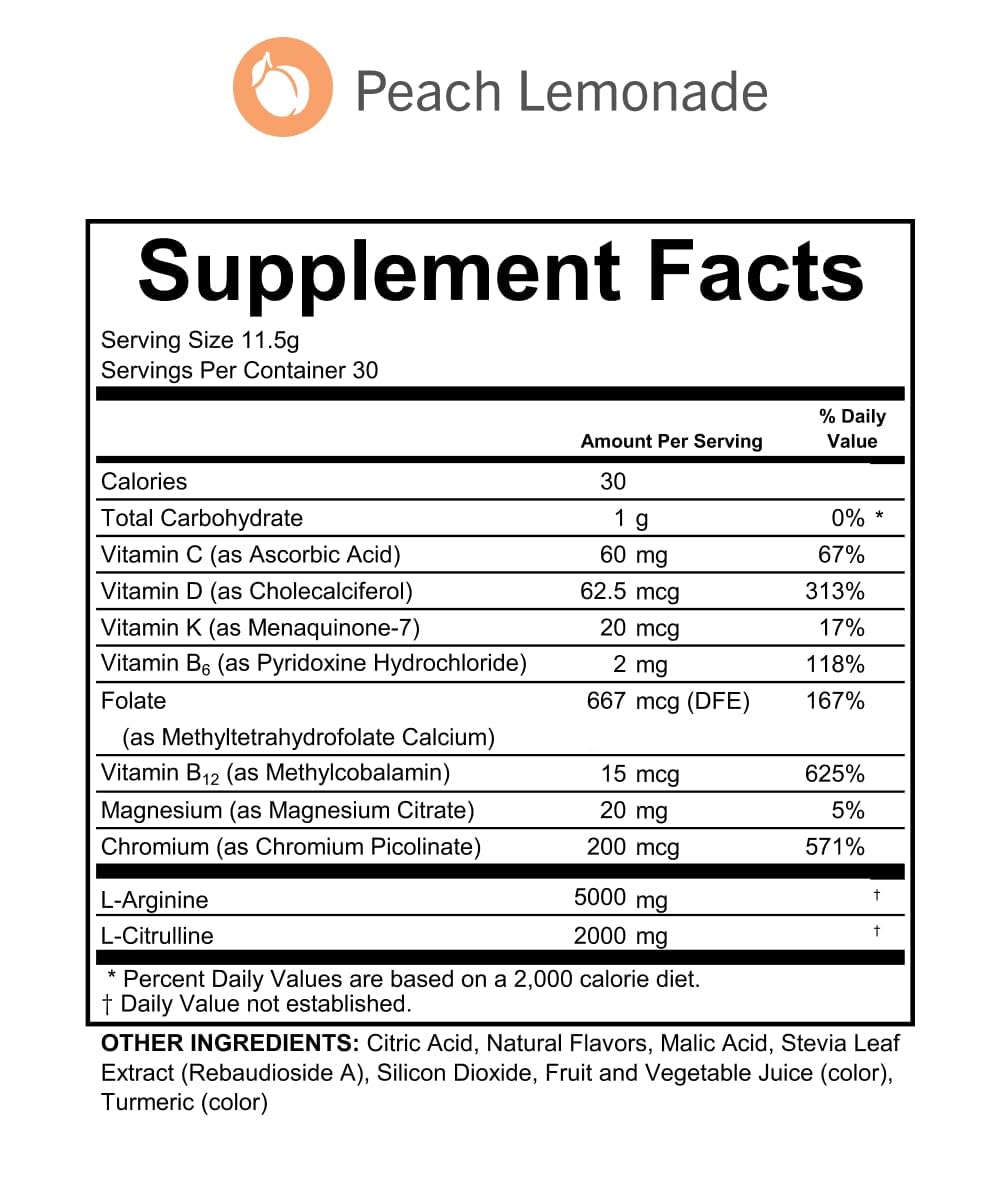 Fenix Nutrition L-Arginine Complete, L Arginine Powder, 5000mg, Peach Lemonade