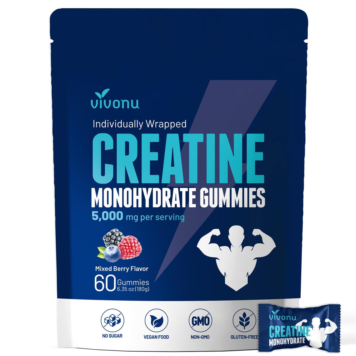 VivoNu Creatine Gummies 60 Count - Mixed Berry Flavors | Sugar Free Vegan Creatine Monohydrate Supplement for Men & Women | Non-GMO Gluten Free Pre Workout Supplements (2 Bag/120 Gummies)