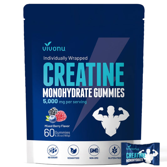 VivoNu Creatine Gummies 60 Count - Mixed Berry Flavors | Sugar Free Vegan Creatine Monohydrate Supplement for Men & Women | Non-GMO Gluten Free Pre Workout Supplements (2 Bag/120 Gummies)