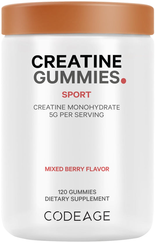 Codeage Creatine Monohydrate Gummies Supplement - 5000mg Creatine - AstraGin Panax & Astralagus - Sport Creatine Gummy - Mixed Berry Flavor - Kettlebell Shape Vitamins - Vegan - Non-GMO - 120 Gummies