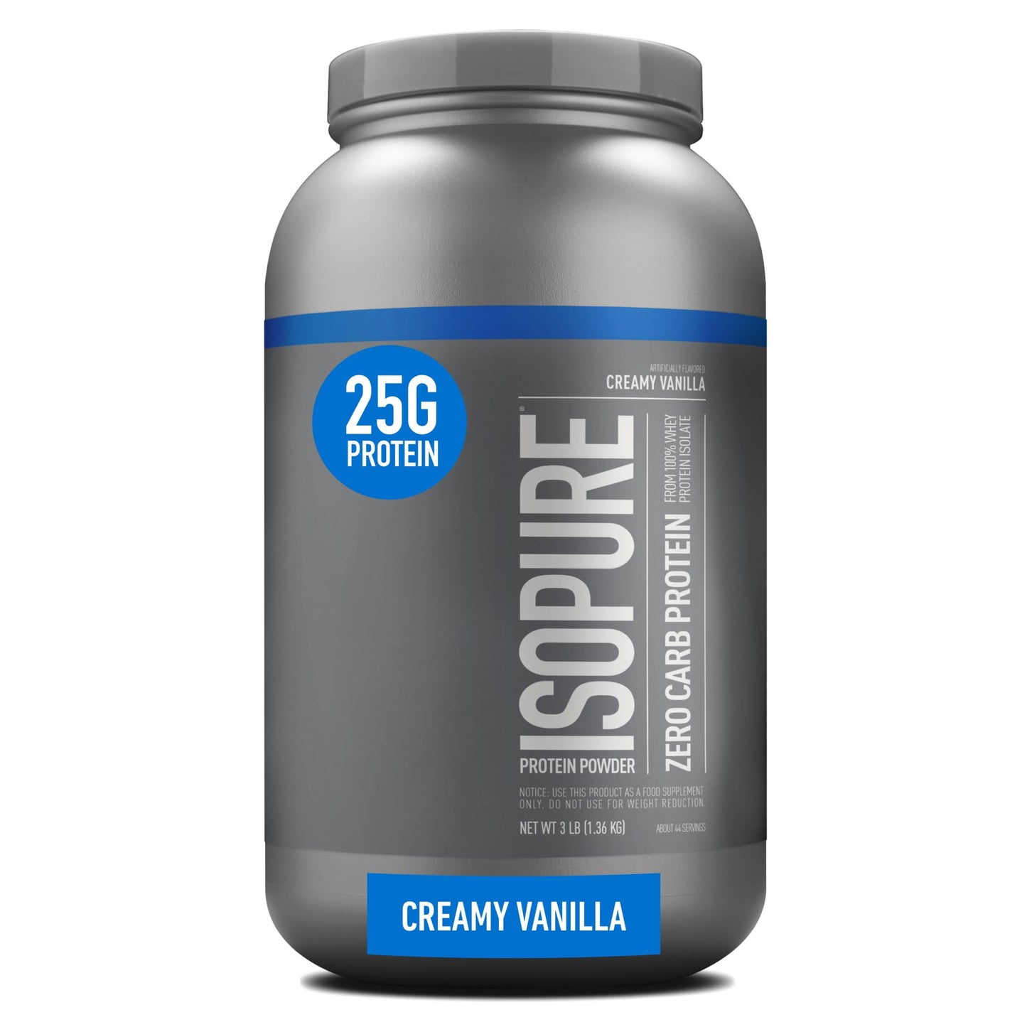Isopure Zero Carb 100% Pure Whey Isolate Protein Powder, Lactose Free, Gluten Free, With Vitamins, Creamy Vanilla, 25g Protein Per Serving, 3 Lbs, 44 Servings
