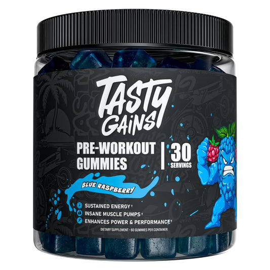 TASTY GAINS - Pre-Workout Gummies - Energy & Focus Boost, Caffeine Gummies for Men & Women, 400mg of Caffeine, 60 Count (60 Count (Pack of 1), Blue Raspberry)