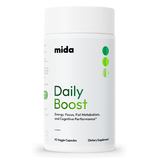 Mida Health Daily Boost | 3-in-1 Energy, Focus & Fat Loss Support | Natural Caffeine, Ginseng, Ginkgo Biloba, CoQ10, 5-MTHF, 7-Keto DHEA | 30 Servings