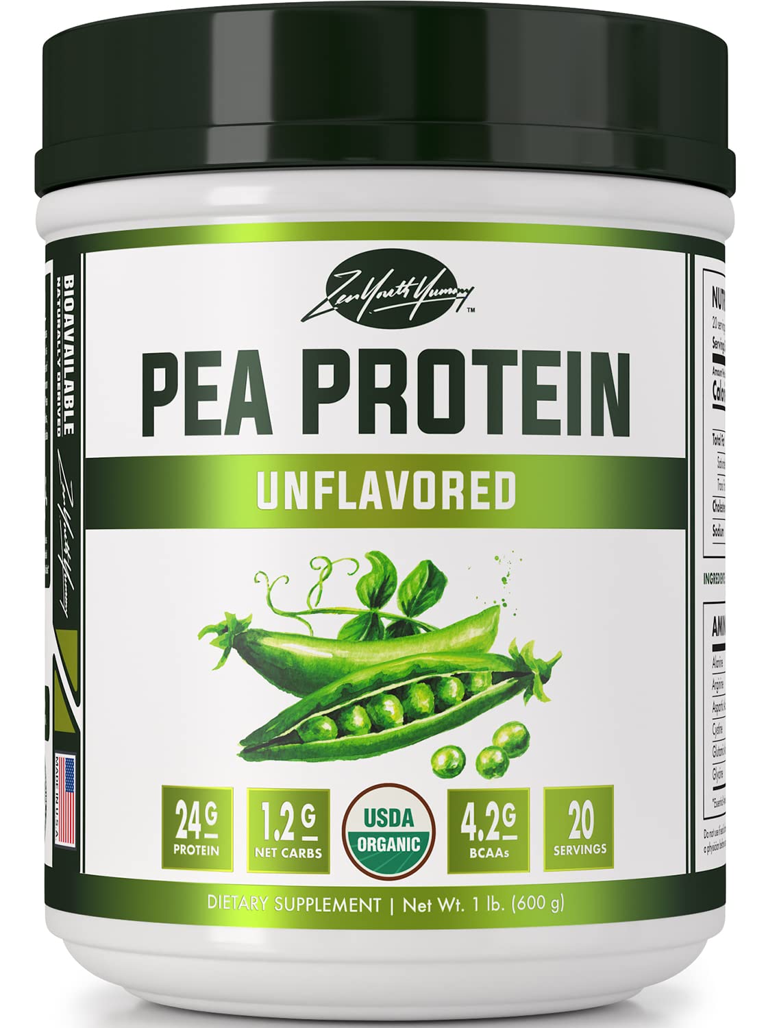 zyy Pure Organic Hydrolyzed Vegan Pea Protein Powder - Easy to Digest, Unsweetened, Natural Unflavored, Dairy Free, Gluten Free, Soy Free, Sugar Free, Non-GMO with BCAA