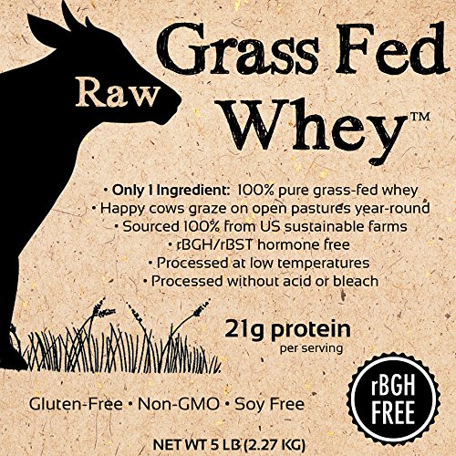 Raw Grass Fed Whey Protein Powder, Happy Healthy Cows, Undenatured, GMO-Free, Hormone Free, Soy Free, Gluten Free, Unflavored, Unsweetened, 5LB