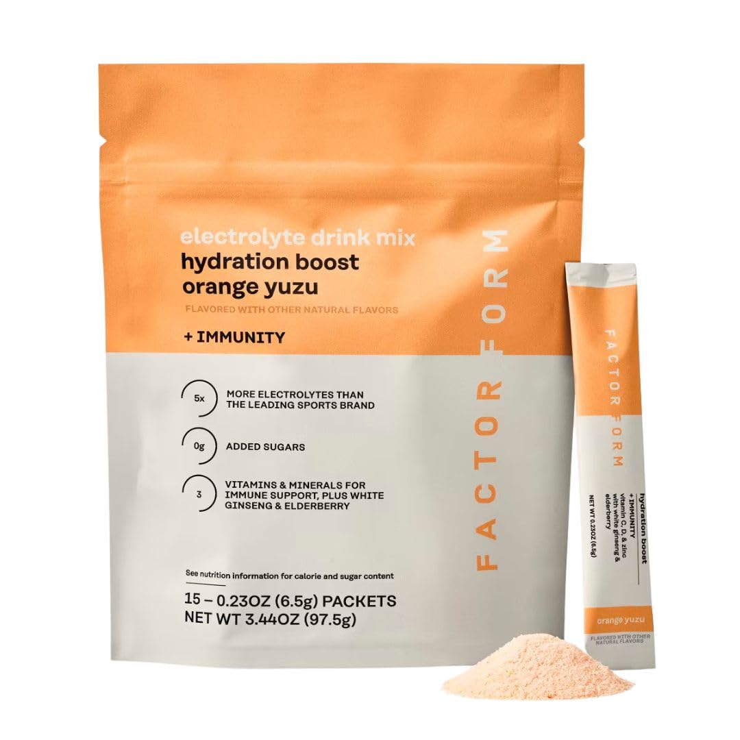 FACTOR FORM Hydration Boost Electrolyte Powder | 1800mg Electrolytes | Vitamin C, D, B6 & B12 for Energy & Immunity | No Added Sugar | 5 Calories | 15 Packets | Orange Yuzu Flavor