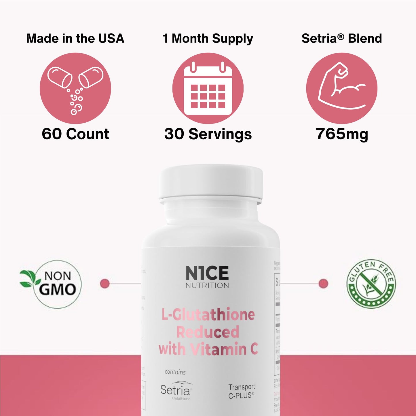 N1CE Nutrition L-Glutathione 765mg with Vitamin C 500mg - Setria® Glutathione - Reduced Form Blend & Transport C-Plus® - Vitamin C - 60 Capsules