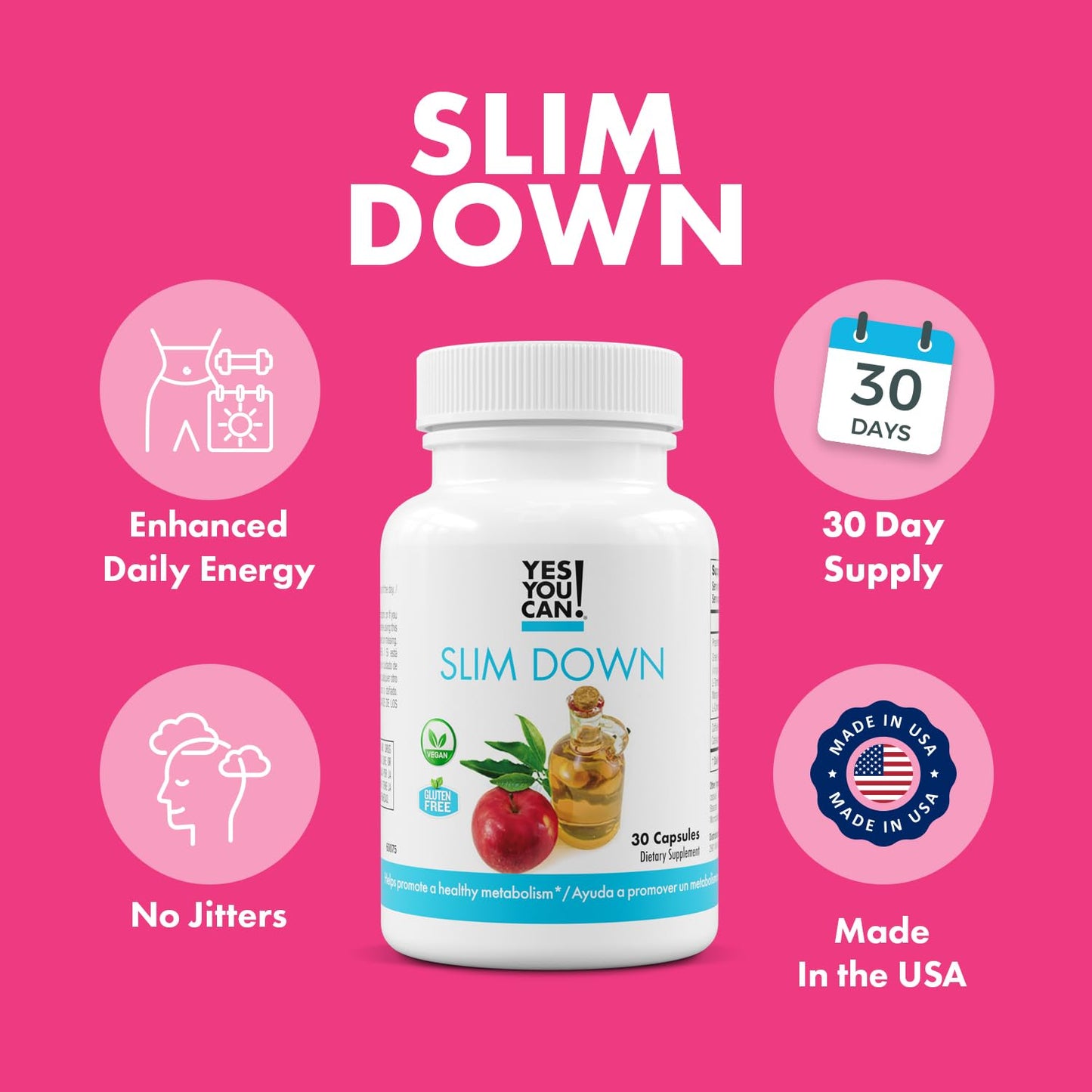 Yes You Can! Slim Down Dietary Supplements - with African Mango, L-Carnitine, Apple Cider Vinegar, Green Tea Extract, and Caffeine derived from Guarana Seed Extract, 30 Capsules/1 Month Supply