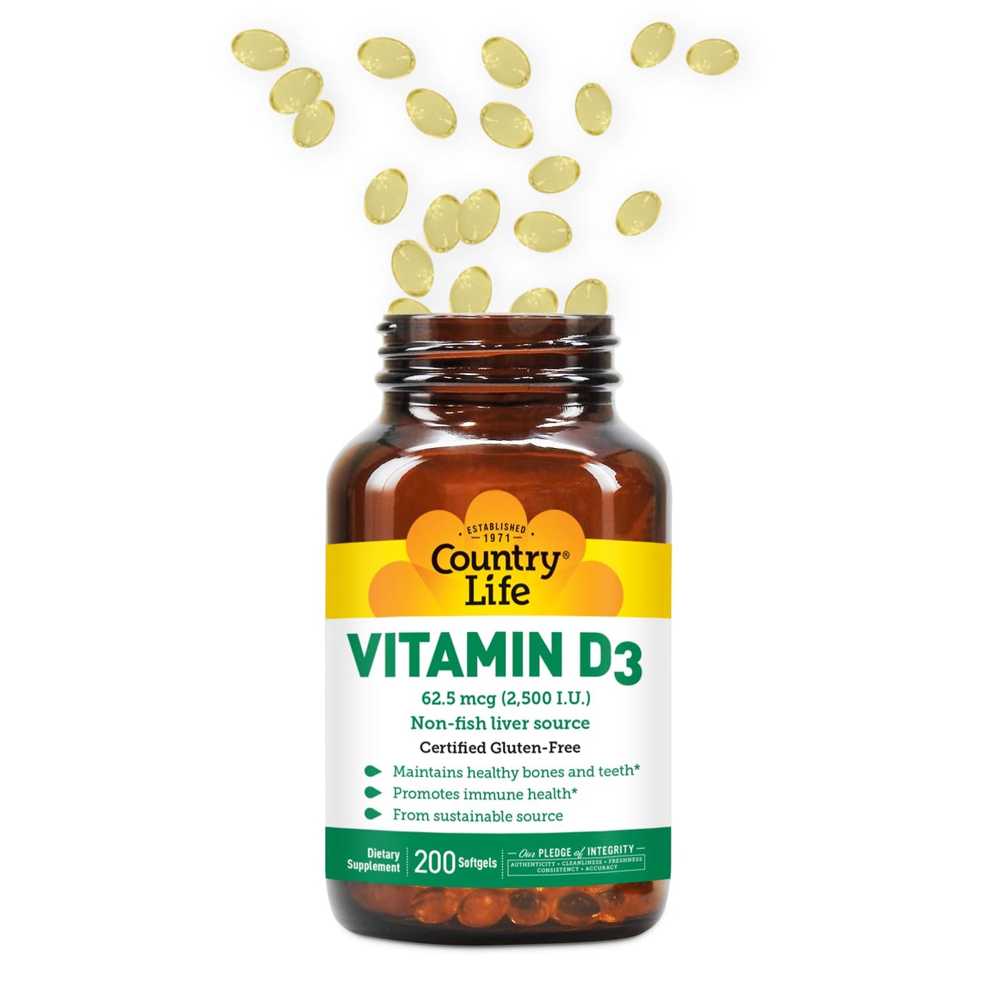 Country Life Vitamin D3 2500 IU Soft Gels, Larger, 200 sg, 200 Count