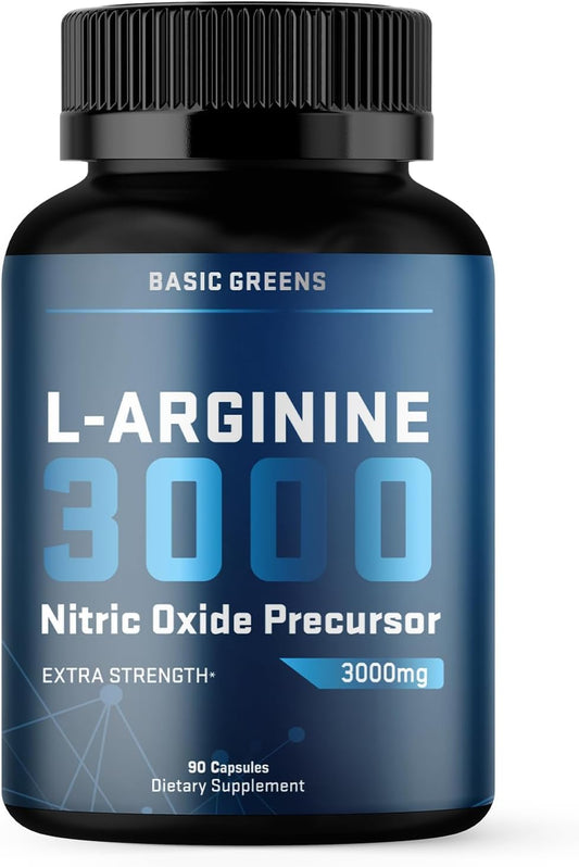BASIC GREENS L Arginine 3,150mg (90 Capsules) - L-Arginine Supplement for Men and Women with Nitric Oxide Precursor, LArginine Supplement