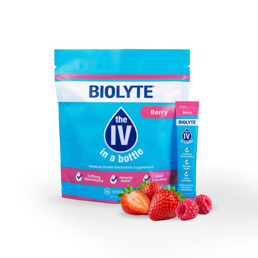 BIOLYTE IV Hydration Packets - Electrolyte Powder Packets, Drink Mix for Water & Other Liquids, Dehydration Relief with Sodium & Vitamins, Doctor-Developed Hydration - Berry (16 Sticks)