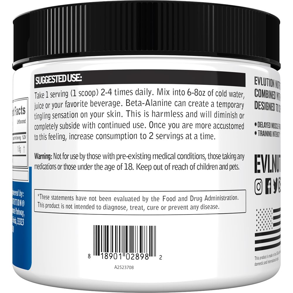 Evlution Nutrition Beta-Alanine - Supports Muscle Endurance, Intense Training & Strength - 1.6g Pure Beta-Alanine Per Serving - Recovery - Dietary Supplement - Unflavored Powder - 125 Servings