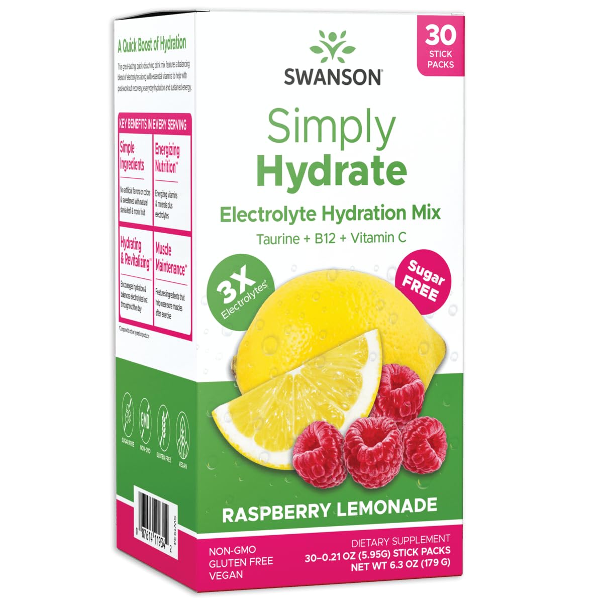 Swanson Simply Hydrate Electrolyte Hydration Mix - Raspberry Lemonade - Sugar Free - Non-GMO - Gluten Free - Vegan Free (30 Stick Packs)