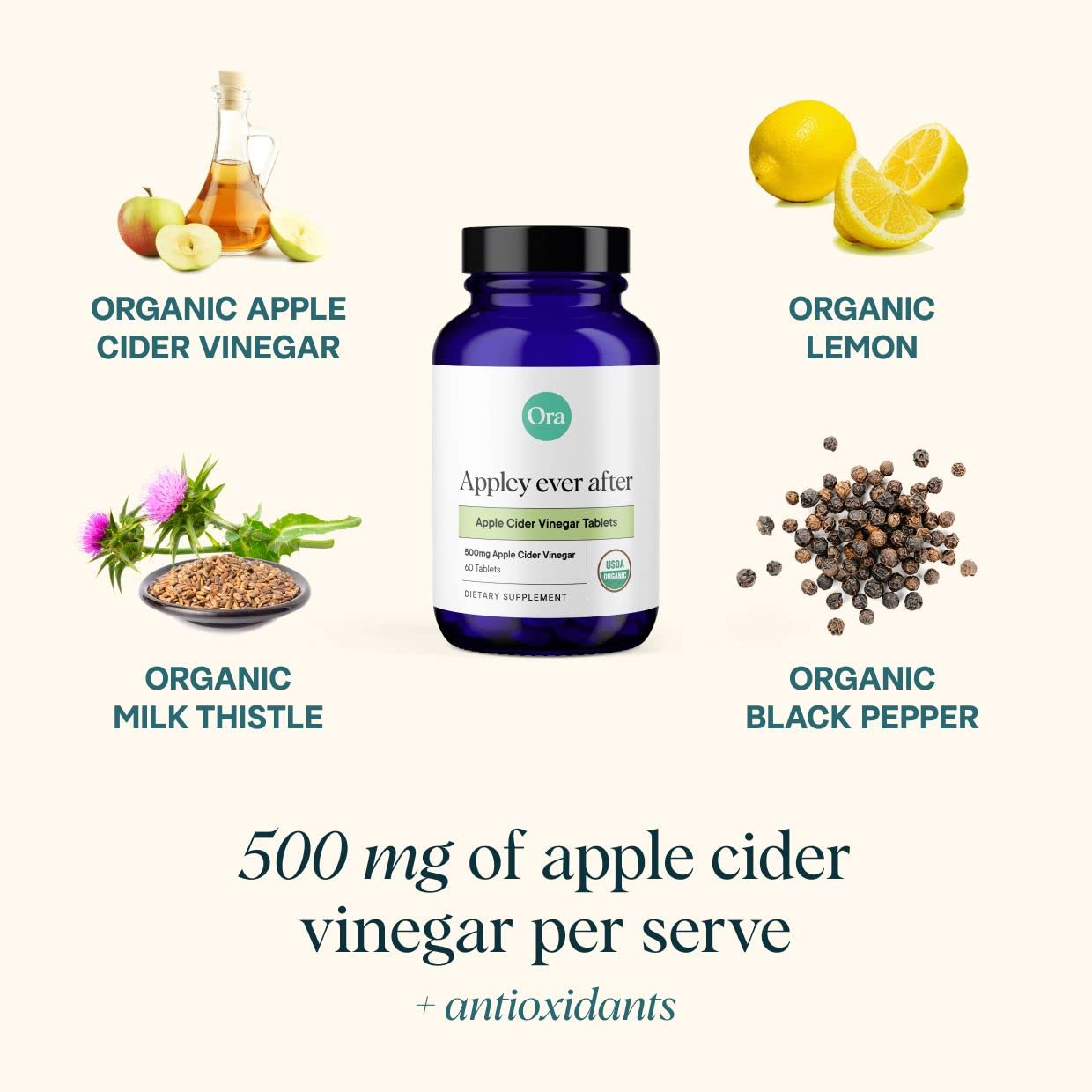 Ora Organic Apple Cider Vinegar Pills - ACV Metabolism Booster, Detox Cleanse, Weight Management - Organic Apple Flavor, 1 Month Supply, 60 Vegan Tablets