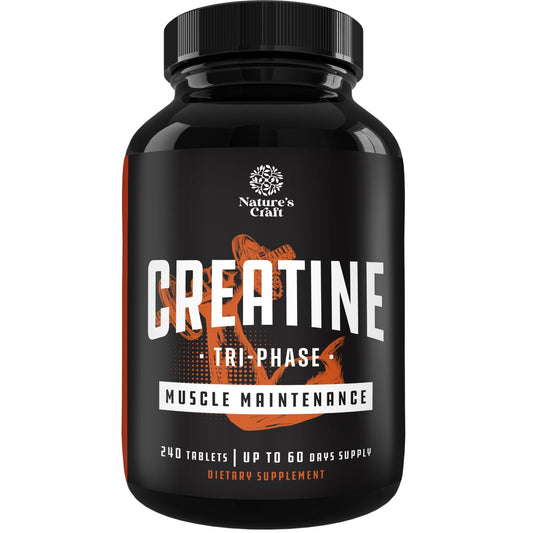 Natures Craft High Strength Tri Phase Creatine Pills - Muscle Mass Gainer and Muscle Recovery Creatine HCL Pyruvate and Monohydrate Pills-Optimal Builder Supplement for Men Women-240ct