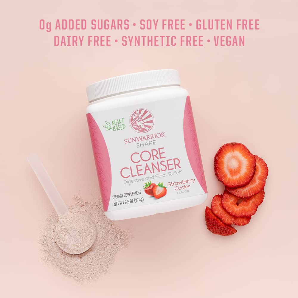 Sunwarrior Plant-Based Prebiotic Fiber Blend Powder | Probiotic Enzymes Sunfiber Soy Free Sugar Free Gluten Free Dairy Free | Strawberry Cooler 30 Servings | Shape Core Cleanser