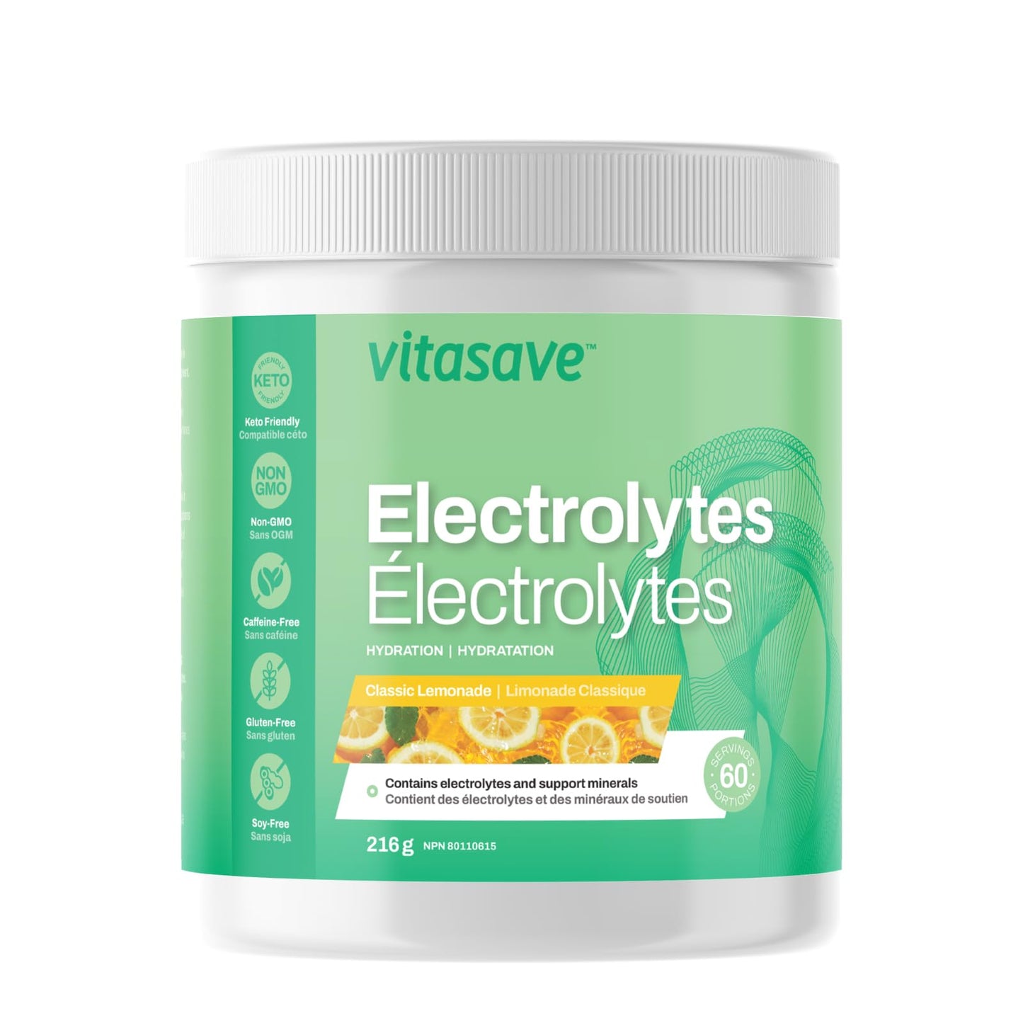 Vitasave Electrolyte Powder - Sugar-Free Hydration Drink Mix with Sodium, Potassium & Magnesium - No Calories, Keto & Vegan-Friendly, Rapid Recovery of Muscles - Classic Lemonade (216g, 60 Servings)