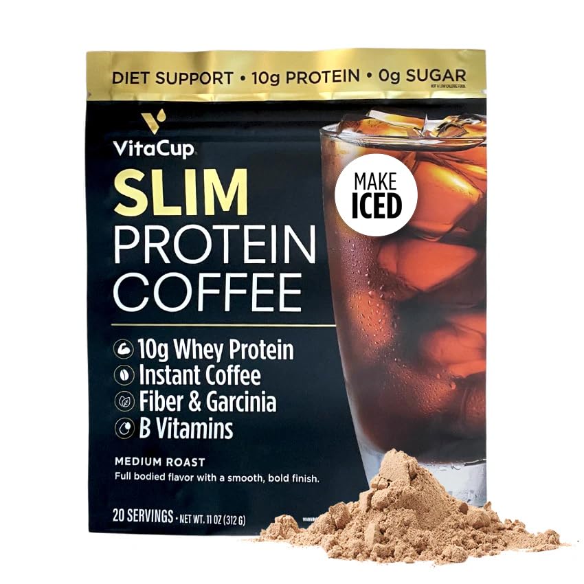 VitaCup Slim Protein Coffee Shake for Diet Support, Instant Coffee w/Whey Protein Powder, B Vitamins & Fiber, Dietitian Developed for Performance and Taste, Make as Iced Coffee or Shake, 20 Servings