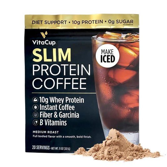 VitaCup Slim Protein Coffee Shake for Diet Support, Instant Coffee w/Whey Protein Powder, B Vitamins & Fiber, Dietitian Developed for Performance and Taste, Make as Iced Coffee or Shake, 20 Servings