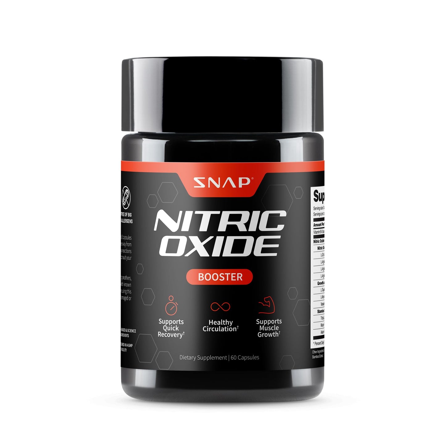 Snap Supplements Nitric Oxide Booster Supplement with L Arginine and L Citrulline Essential Amino Acids and Ginseng Root, Energy, Heart Health, Muscle Growth & Circulation Support, 60 Capsules
