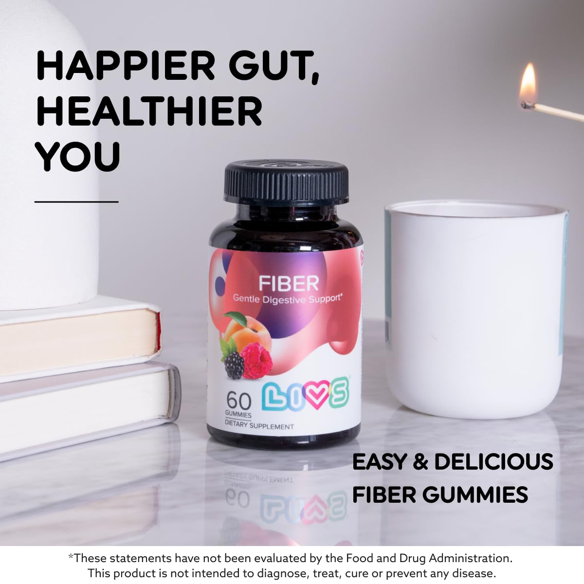 LIVS Fiber Gummy Vitamin - Fiber Gummies, for Adults, Gut Health, Digestive Support, Supplements, All-Natural, Gluten-Free, Non-GMO - Raspberry, Peach & BlackBerry Flavored, 60 Count