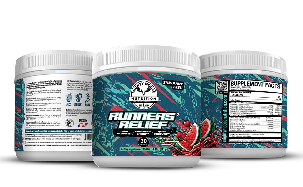 Runners' Relief - Joint Support & Muscle Recovery Supplement - Glucosamine Chondroitin - Fasting Electrolytes - Stimulant-Free Pre/Post Workout Energy - Watermelon Cherry with Tart Cherry Extract