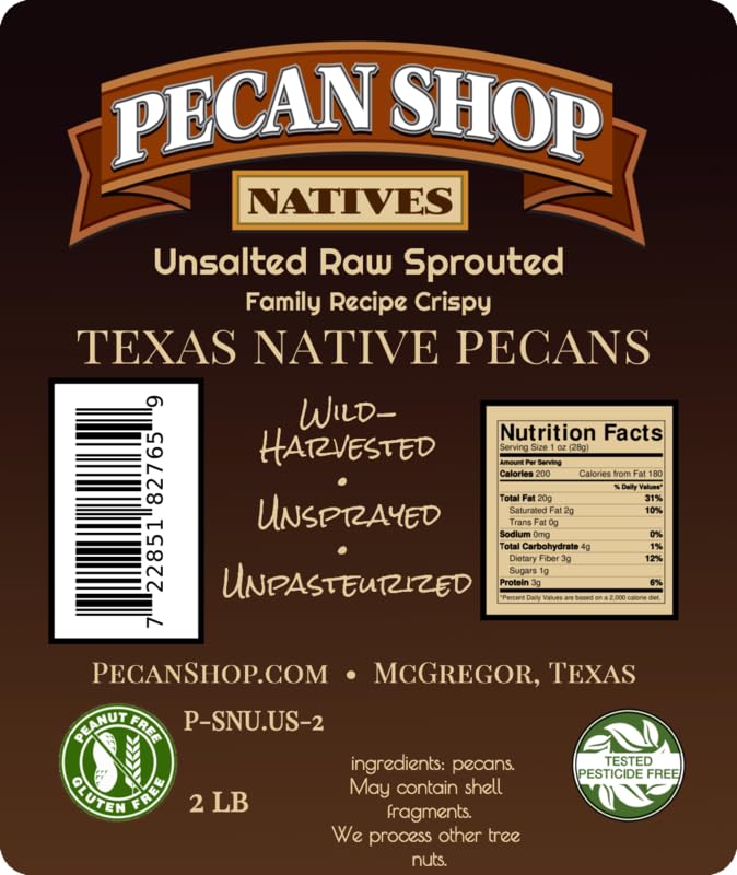 Pecan Shop Unsalted Sprouted Raw Texas Native Pecans Unsprayed Wildharvested Family Recipe Crispy by Pecan Shop  2 Pound