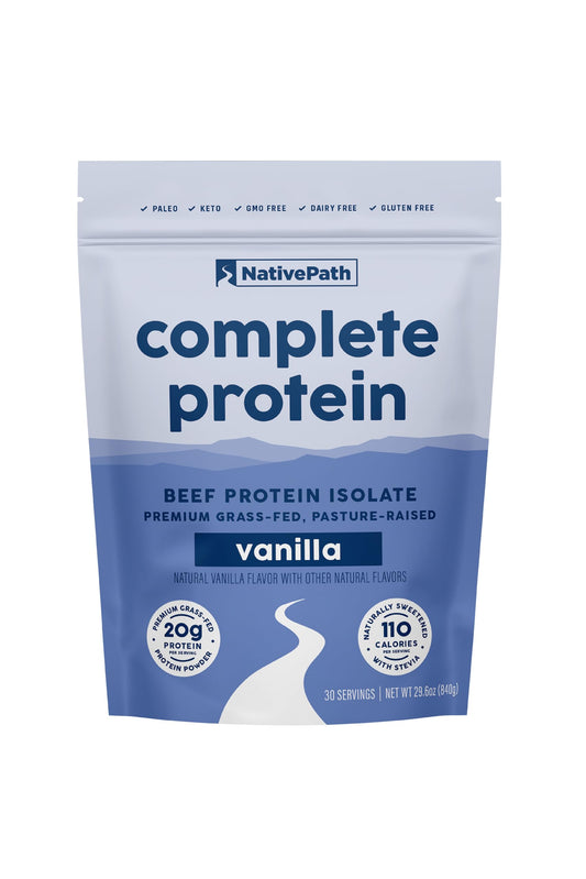 NativePath Complete Beef Protein Powder Isolate - Grass-Fed, Pasture-Raised, Dairy & Lactose Free, Gluten Free, Zero Sugar, MCTs & Amino Acids - 20g Protein, Vanilla Flavor, 30 Servings
