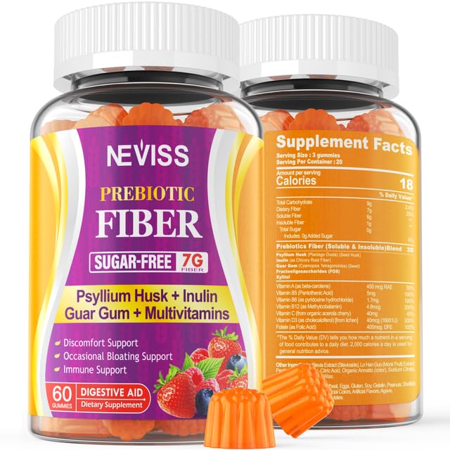 1Pack Fiber Gummies with Probiotics for Adults, 7G Soluble Fi ber + Insoluble Fi ber, Sugar Free with Psyllium Husk, Inulin, Fos, Multivitamins for Daily Digestive Health, Regularity Gut Support