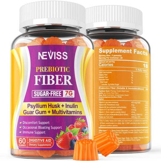 1Pack Fiber Gummies with Probiotics for Adults, 7G Soluble Fi ber + Insoluble Fi ber, Sugar Free with Psyllium Husk, Inulin, Fos, Multivitamins for Daily Digestive Health, Regularity Gut Support