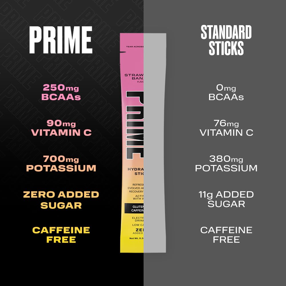 PRIME HYDRATION+ Sticks Strawberry Banana | Hydration Powder Single Serve Sticks | Electrolyte Powder On The Go | Low Sugar | Caffeine-Free | Vegan | 16 Sticks