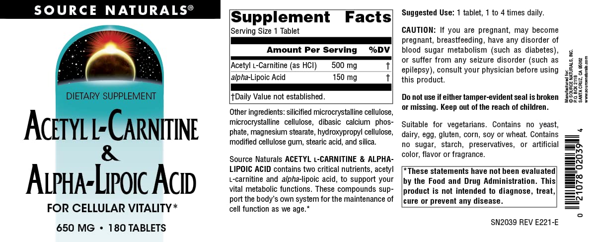 Source Naturals Acetyl L-Carnitine & Alpha-Lipoic Acid 650mg - 180 Tablets