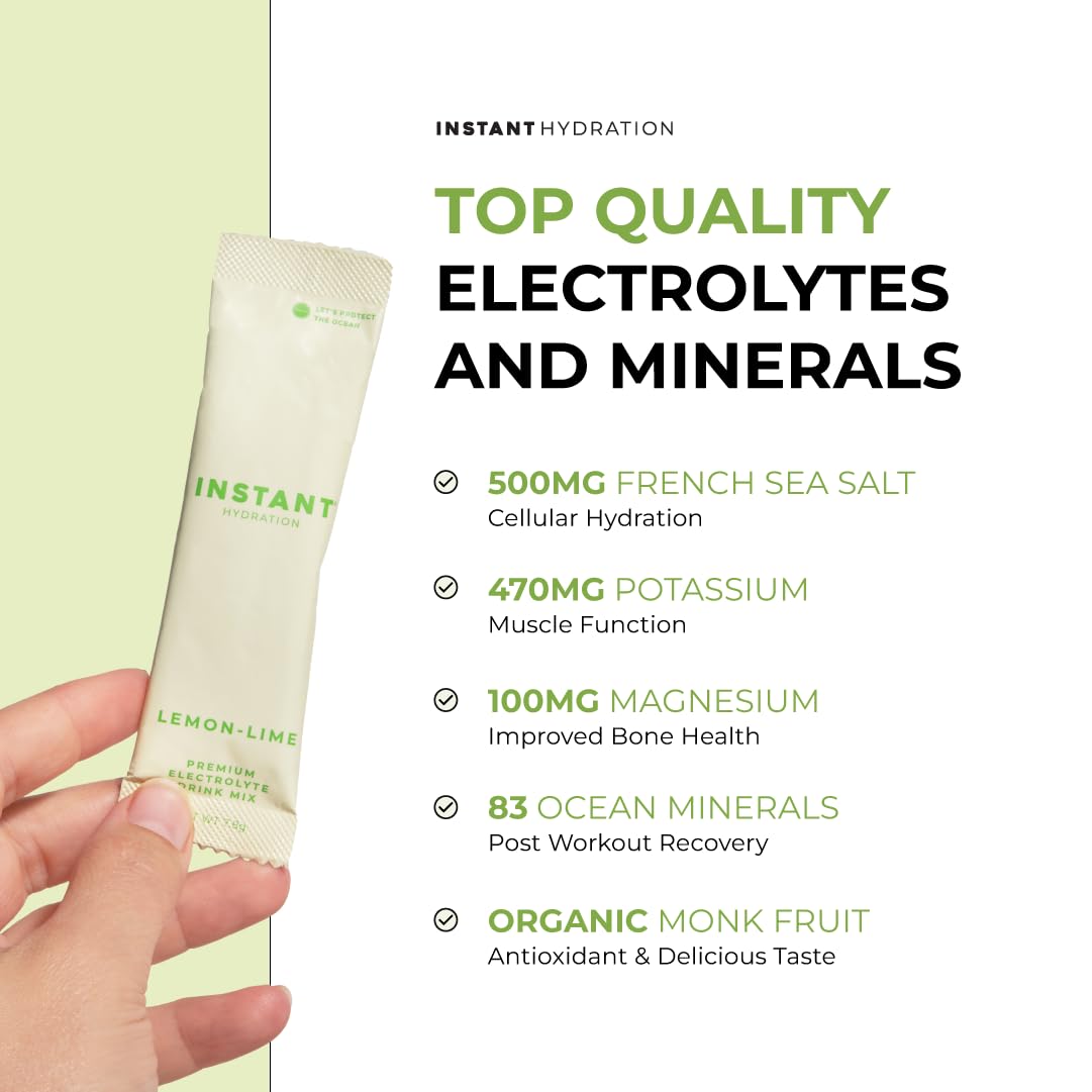 Instant Hydration Electrolytes Powder Packets - Lemon Lime Drink Mix - Zero Sugar - Keto, Vegan, Gluten-Free, Non-GMO - Boost Recovery, Brain Health, Muscle & Tissue Support- 30 Sticks