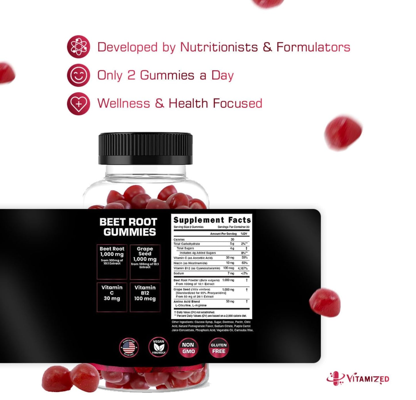 VITAMIZED Beet Root Gummies - Super Nitric Oxide Beets Supplement - Red Beetroot Heart Chews with Grape Seed Power & B12- Pomegranate Flavor, 60 Chewables Beets