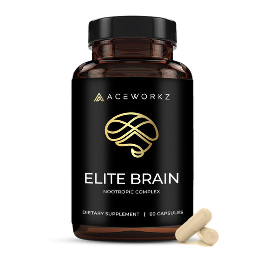 ACEWORKZ Elite Brain - Nootropic Brain Supplement for Focus, Memory, & Mental Clarity - ALCAR, Lions Mane, ALA, L-Theanine, Vitamin B Complex - Natural Energy, Caffeine-Free (60 Capsules)