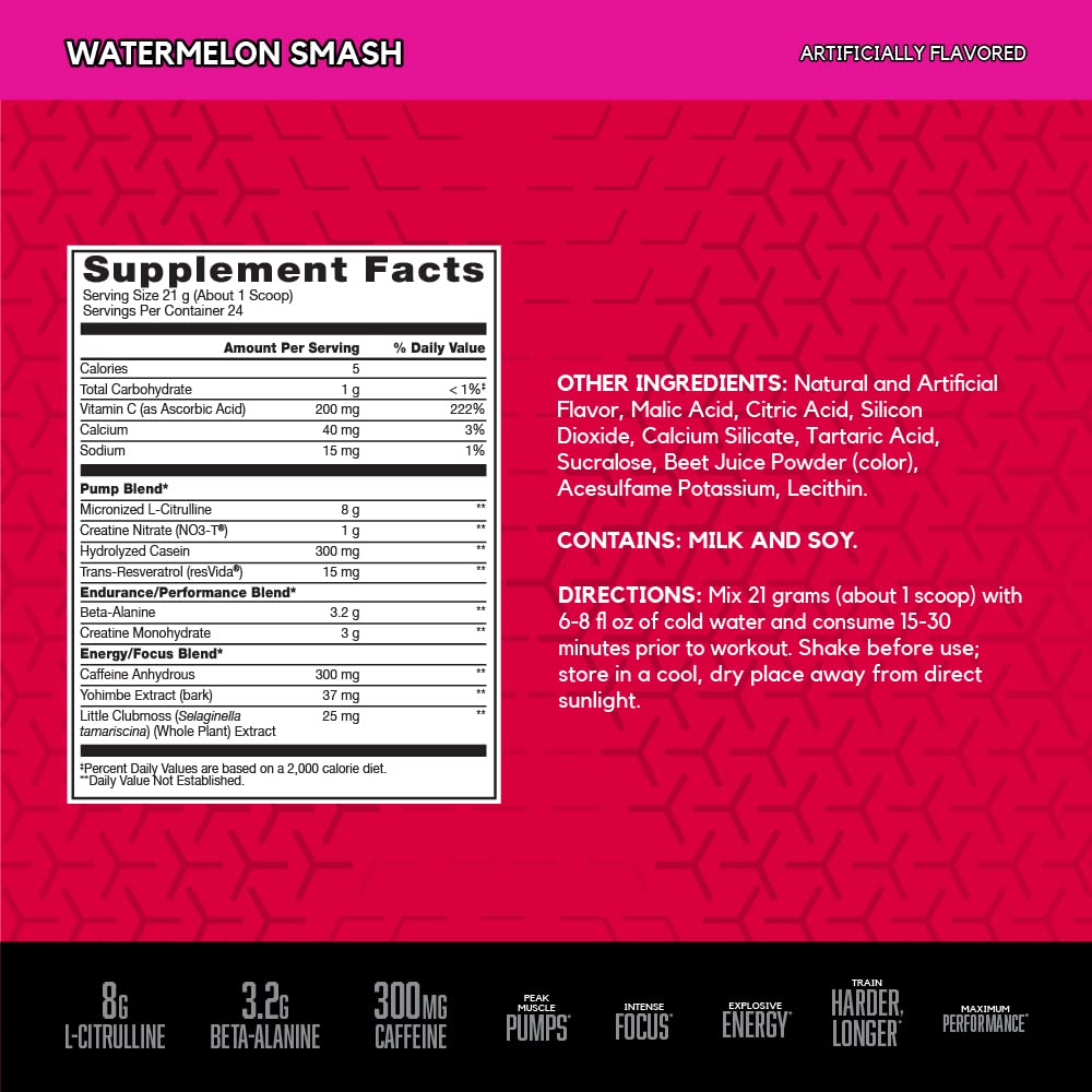 BSN N.O.-XPLODE Vaso Pre Workout Powder with 8g of L-Citrulline and 3.2g Beta-Alanine and Energy, Flavor: Watermelon Smash, 24 Servings