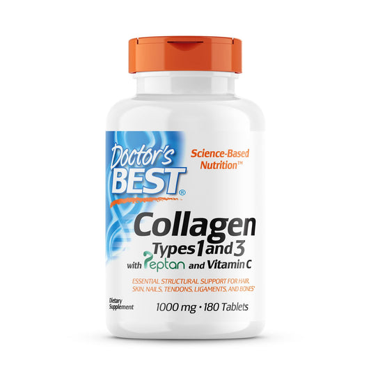 Doctor's Best Collagen Types 1 & 3 with Peptan, Non-GMO, Gluten Free, Soy Free, Supports Hair, Skin, Nails, Tendons & Bones, 1000 mg, 180 Tablets