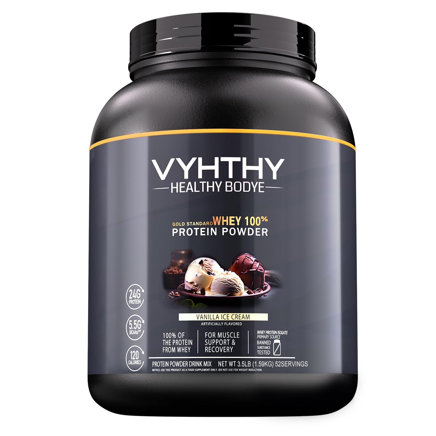 VYHTHY Vanilla Protein Powder, 100% Whey Protein Powder, Low Sugar and 24g Protein per Serving, Ideal for On-The-Go Nutrition and Post-Workout Recovery, 3.5 Pound