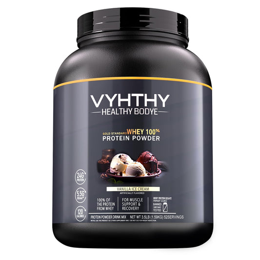 VYHTHY Vanilla Protein Powder, 100% Whey Protein Powder, Low Sugar and 24g Protein per Serving, Ideal for On-The-Go Nutrition and Post-Workout Recovery, 3.5 Pound