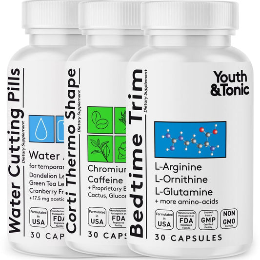 Youth & Tonic Lean Sculpt Defined Cleanse - Water Weight Away, Cortithermo Shape & Bedtime Trim for Detox Metabolism Bloating Energy & Dietary Discipline for Mindful Eating - 90 Pills for Women & Men
