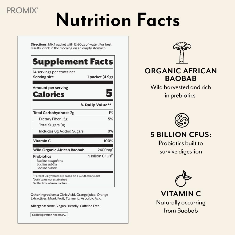 Promix Debloat Prebiotics and Probiotics with Baobab - Rich in Vitamin C, Bloating Relief, Immune Support - Orange - 30 Count